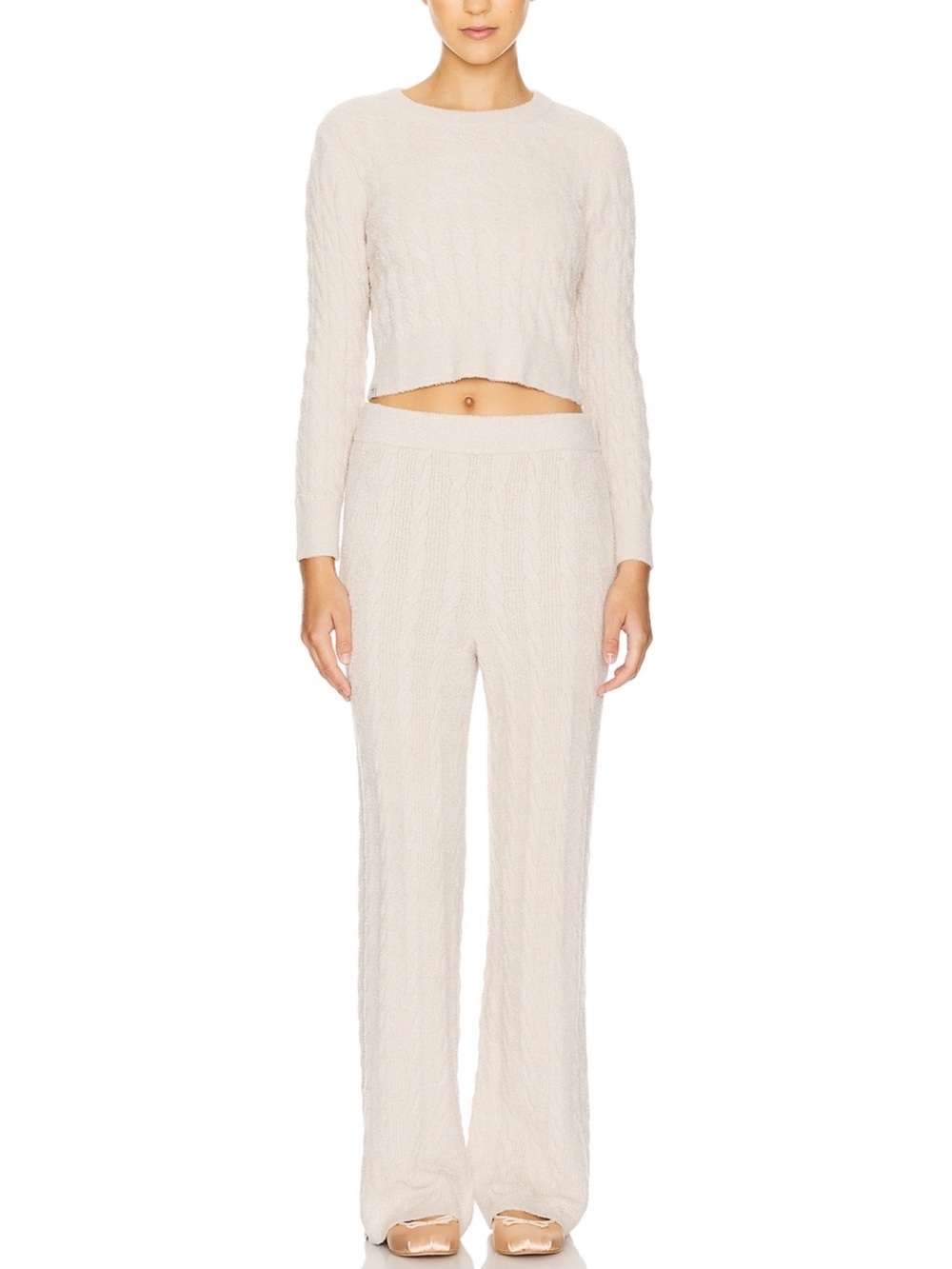 Barefoot Dreams set Cream Cable-Knit Wide Leg Lounge Pants and sweater